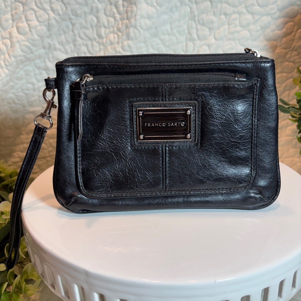 Franco Sarto Black Leather Wristlet Clutch with Front Pocket